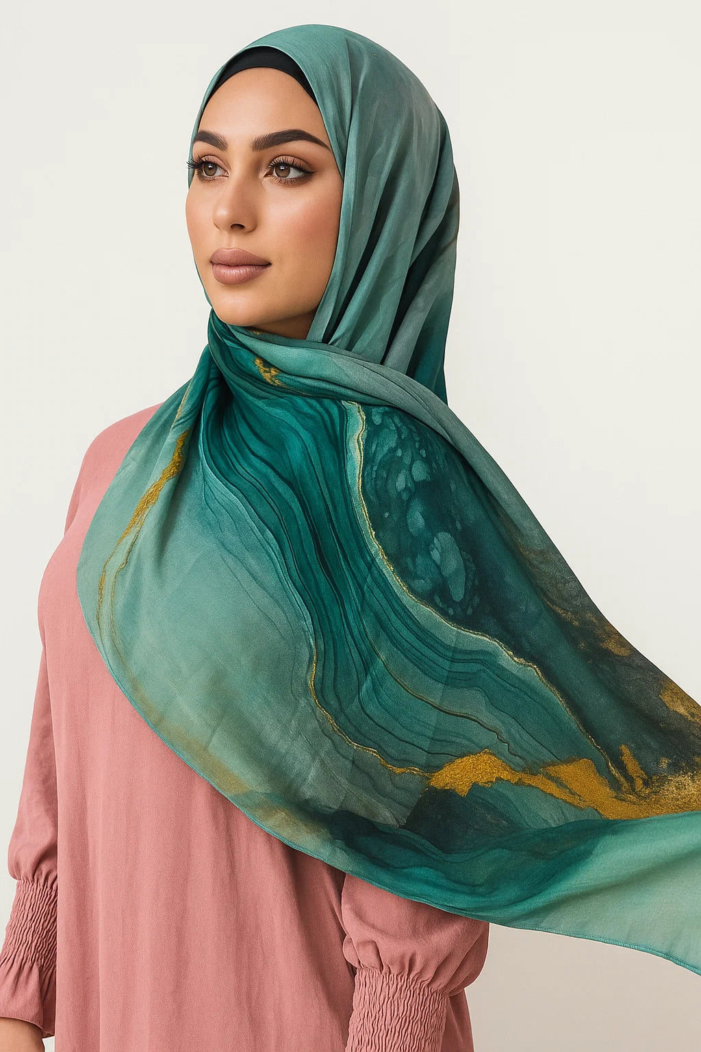 Marble Print Chiffon Hijab – Teal & Gold