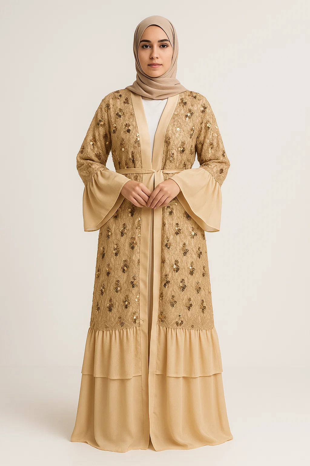 Sequin Layered Abaya – Gold / Garnet