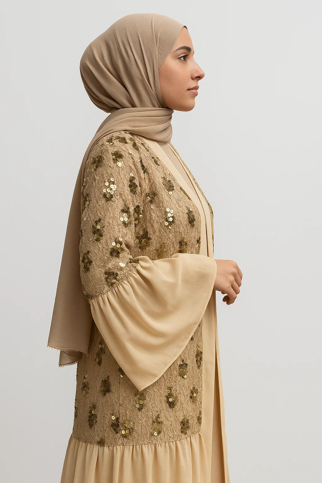 Sequin Layered Abaya – Gold / Garnet