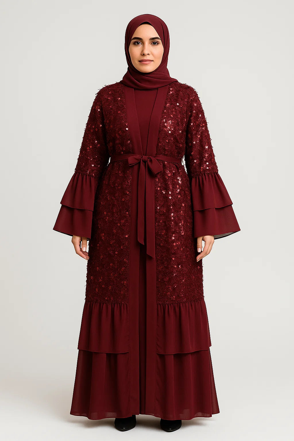 Sequin Layered Abaya – Gold / Garnet
