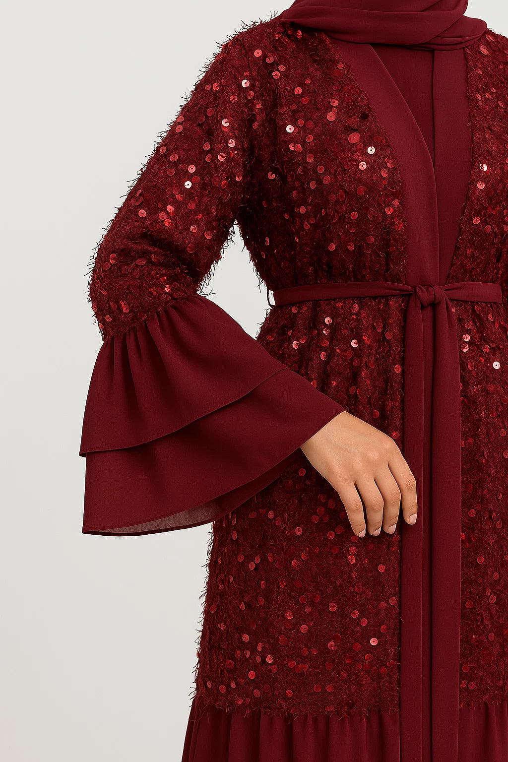 Sequin Layered Abaya – Gold / Garnet