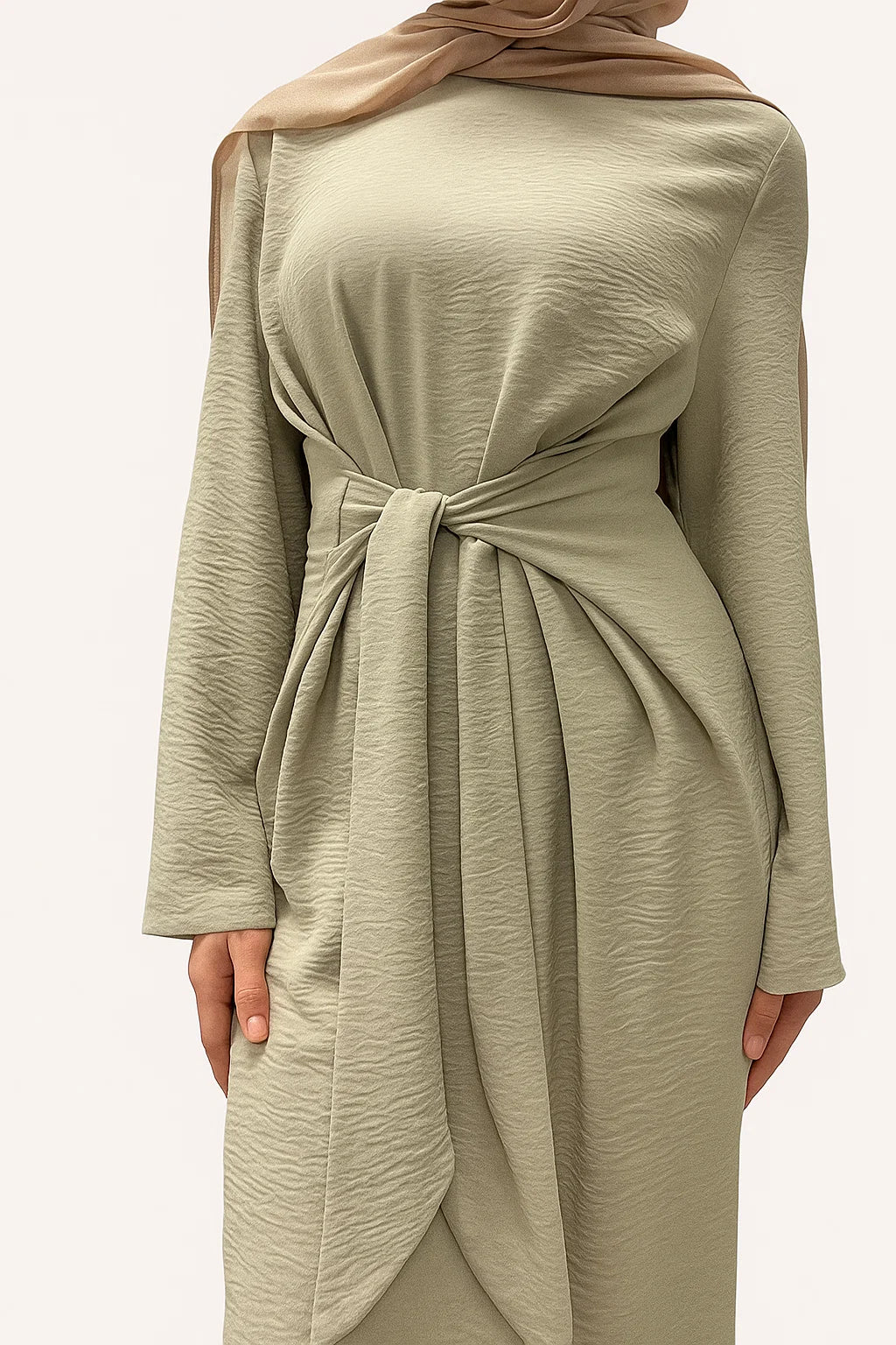 Textured Belted Abaya - Sage