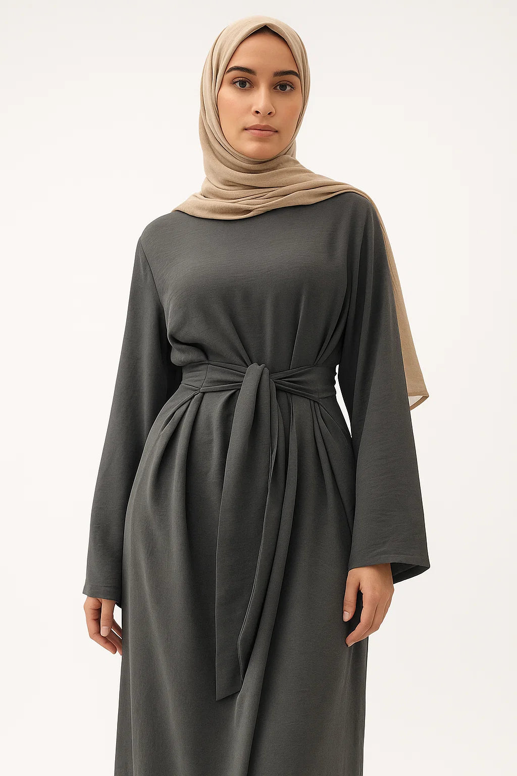 Textured Belted Abaya - Gray