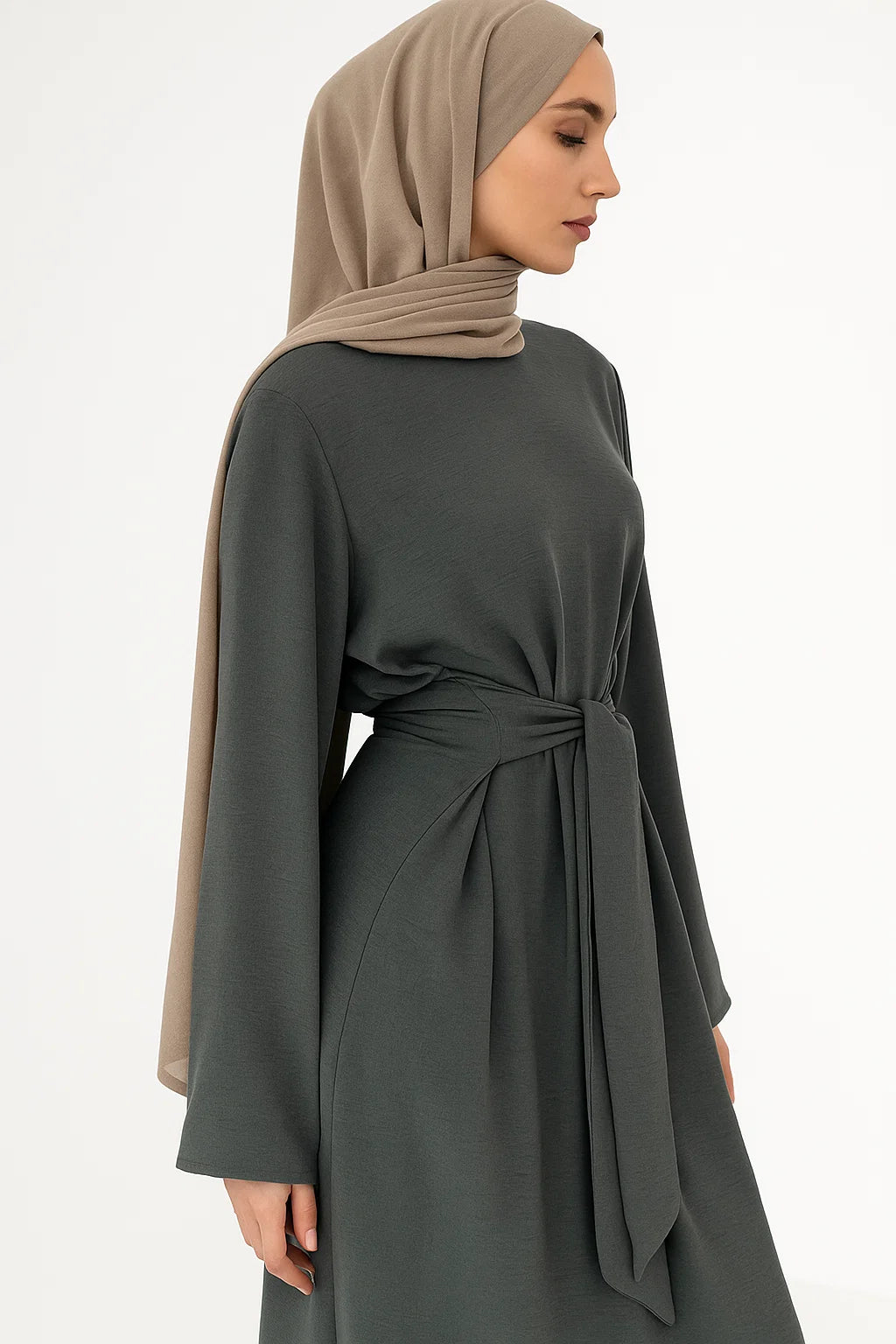 Textured Belted Abaya - Gray