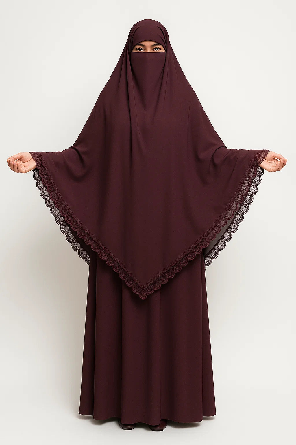 Lace-Trim Khimar & Abaya Set – Deep Plum