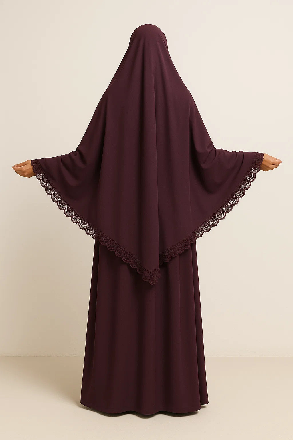Lace-Trim Khimar & Abaya Set – Deep Plum