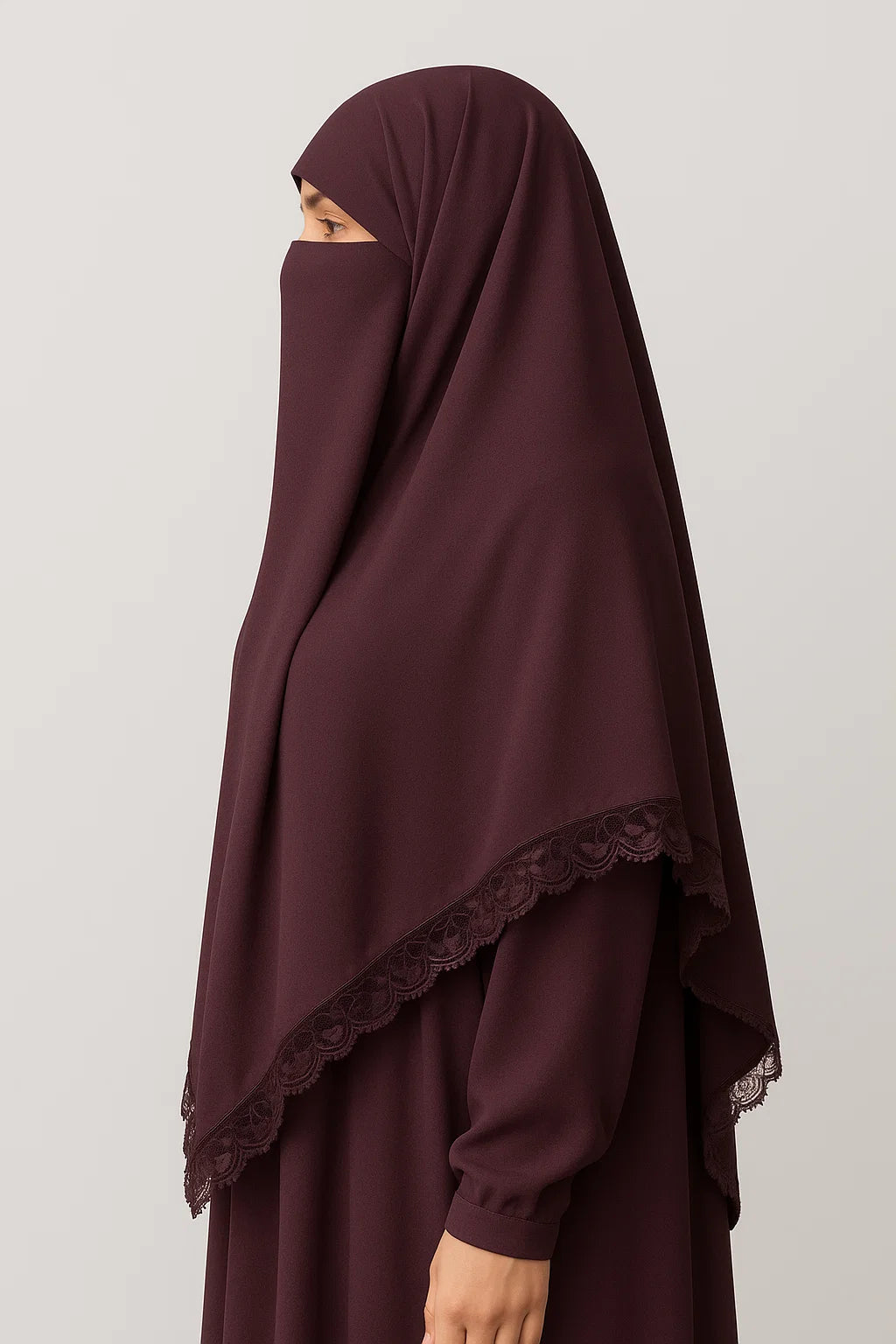 Lace-Trim Khimar & Abaya Set – Deep Plum