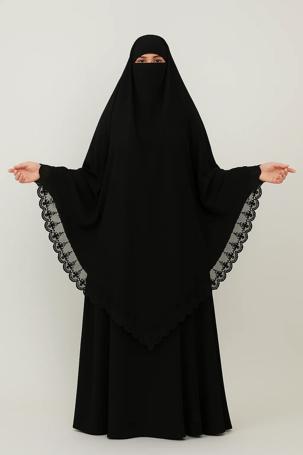 Lace-Trim Khimar & Abaya Set – Black