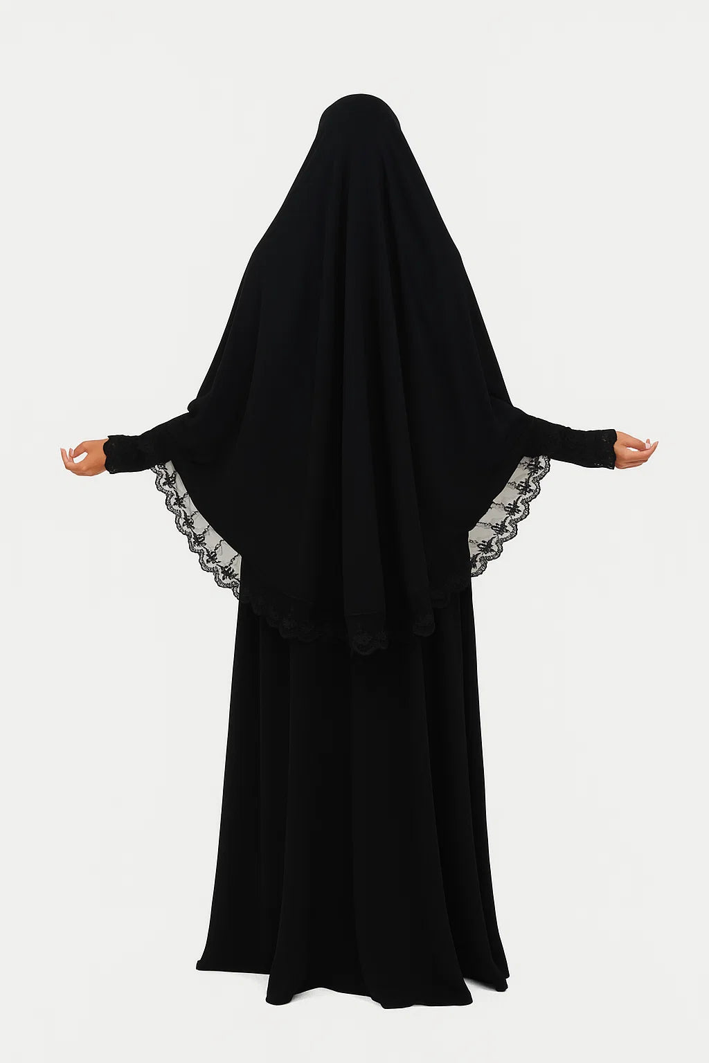 Lace-Trim Khimar & Abaya Set – Black