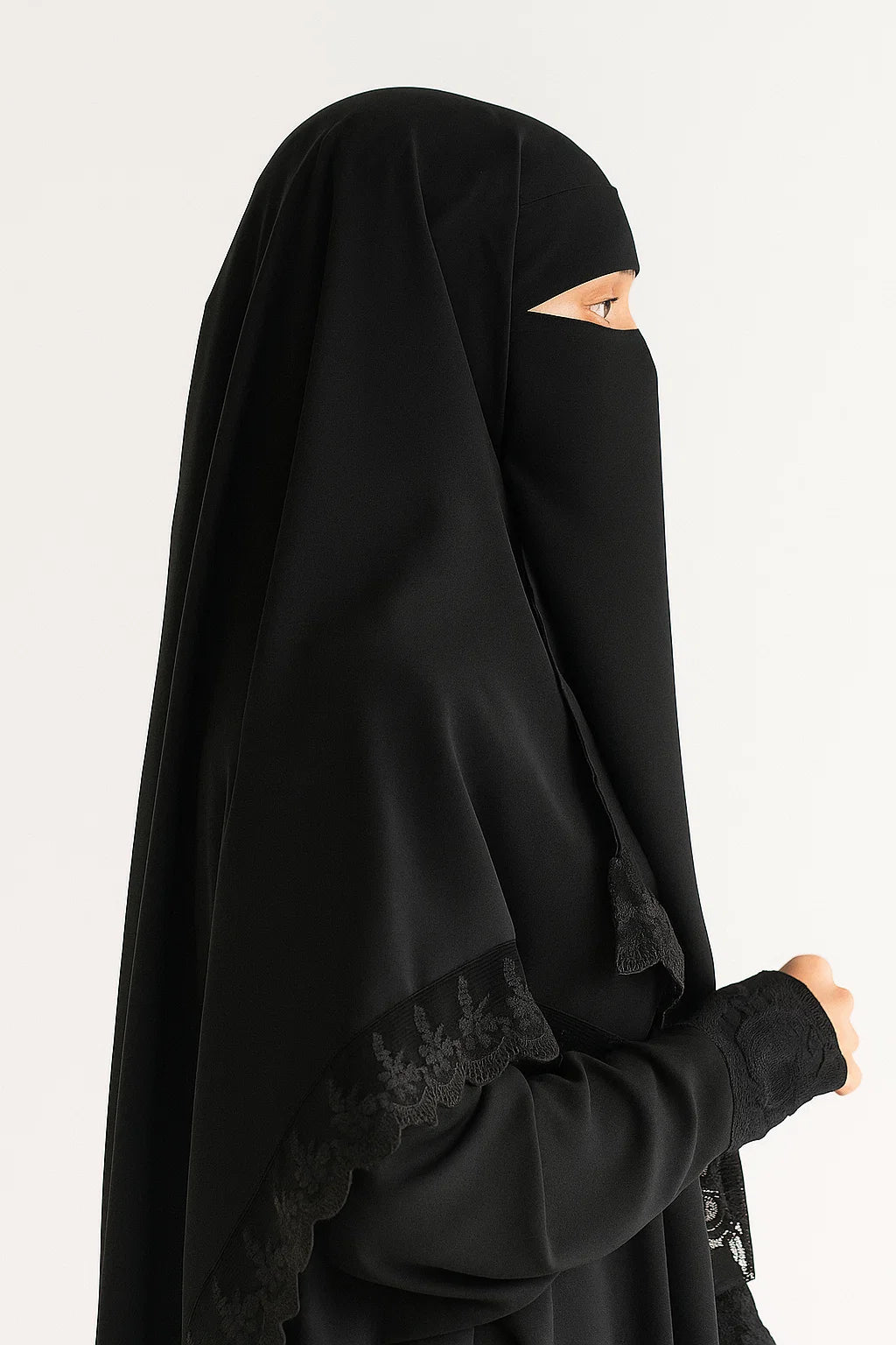 Lace-Trim Khimar & Abaya Set – Black