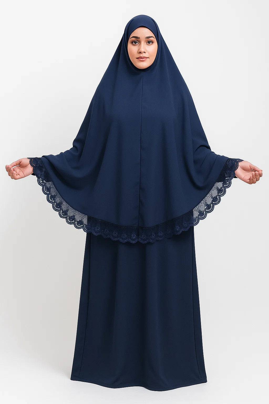 Lace-Trim Khimar & Abaya Set – Navy Blue