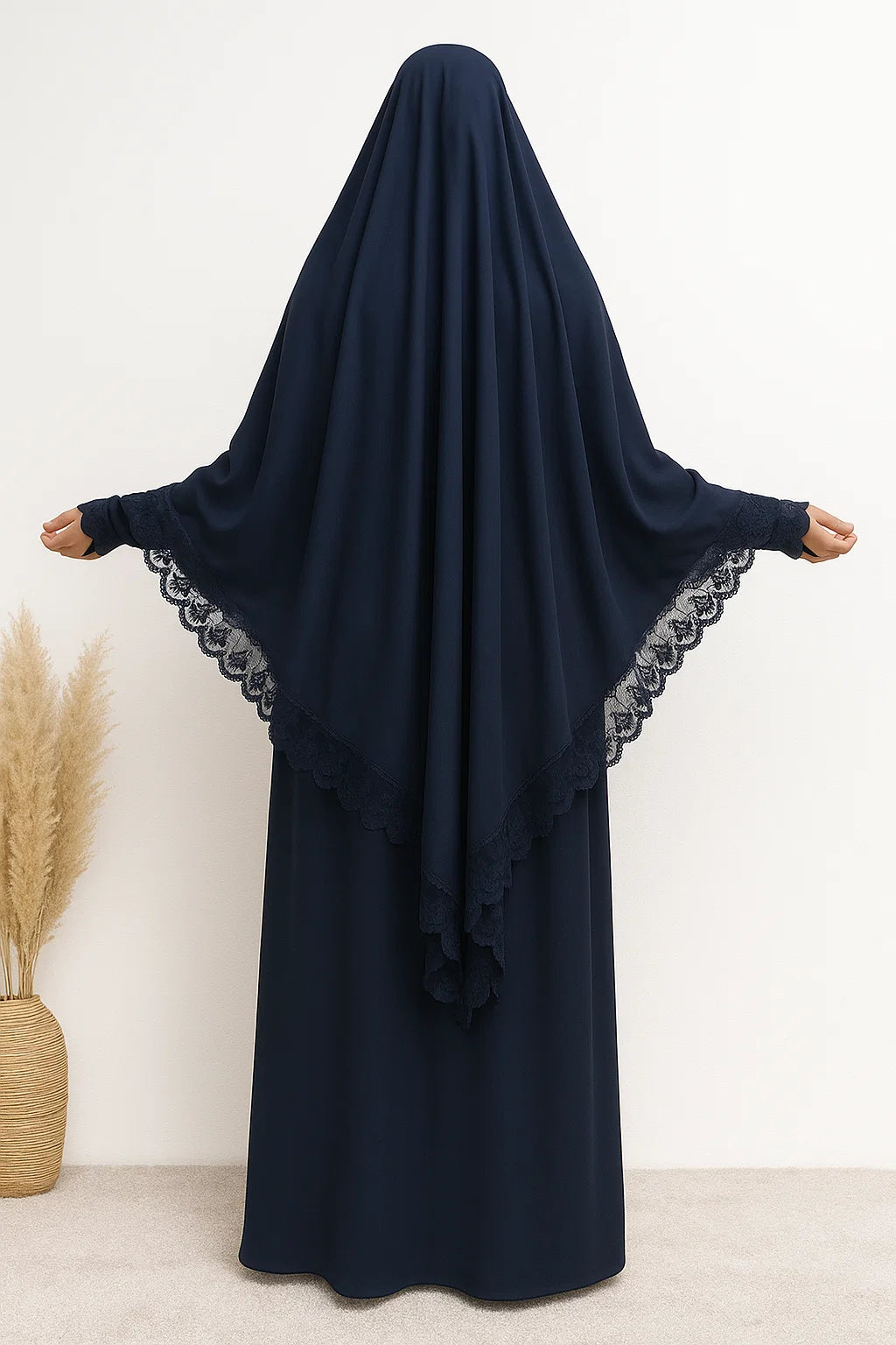 Lace-Trim Khimar & Abaya Set – Navy Blue