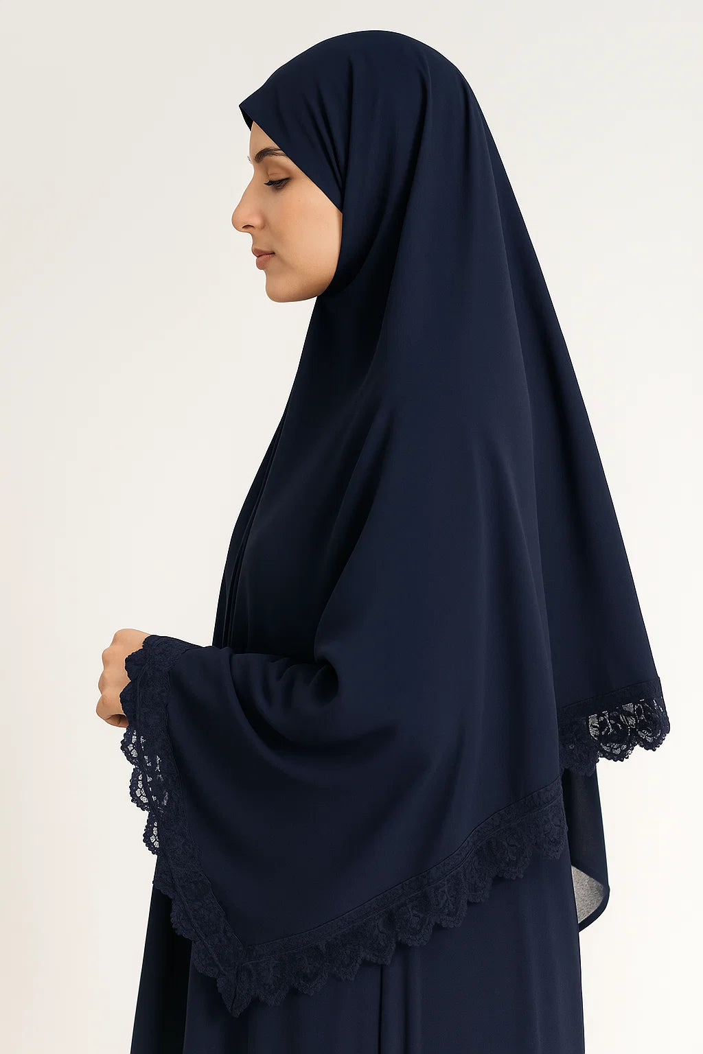 Lace-Trim Khimar & Abaya Set – Navy Blue