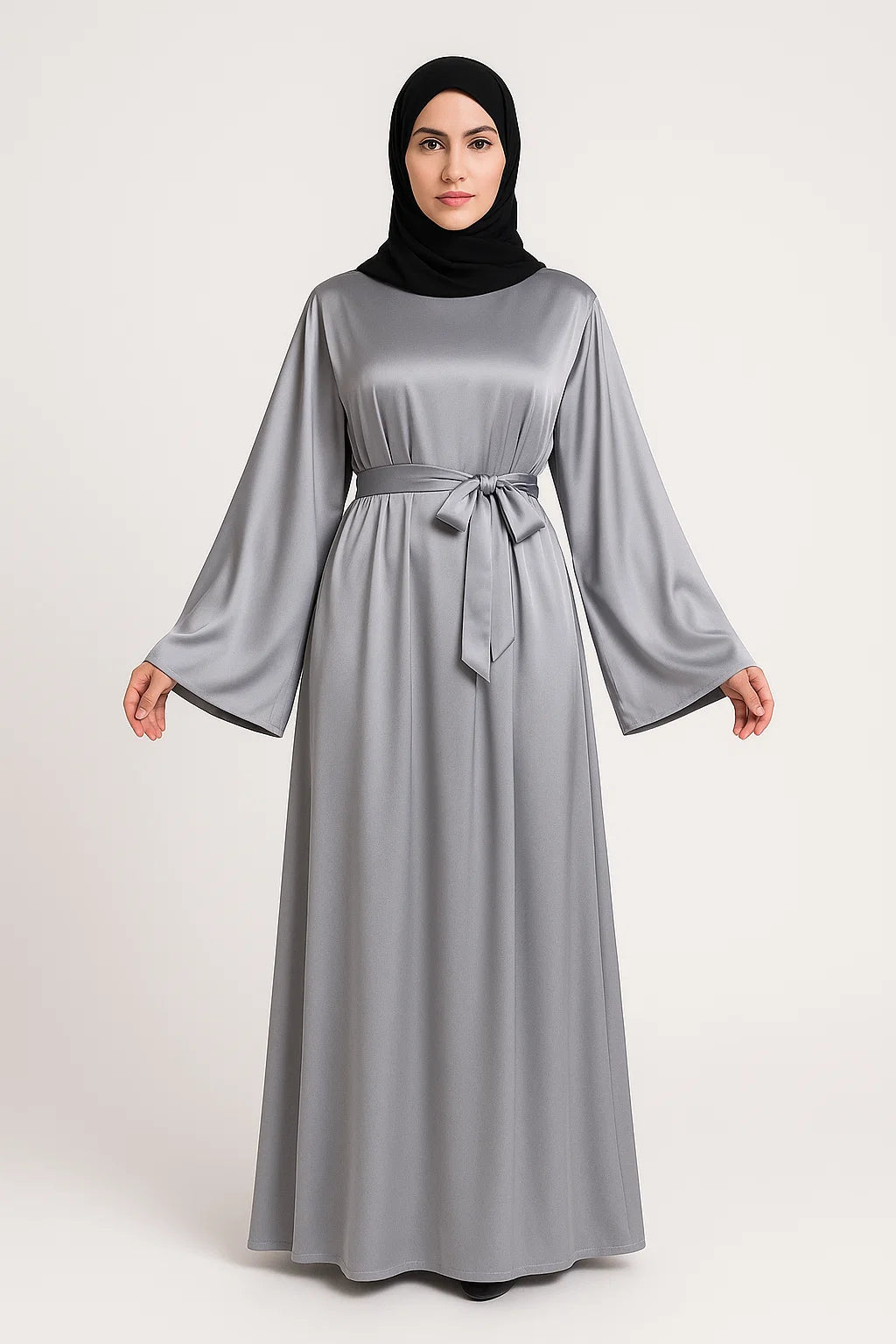 Satin Belted Abaya – Silver Grey