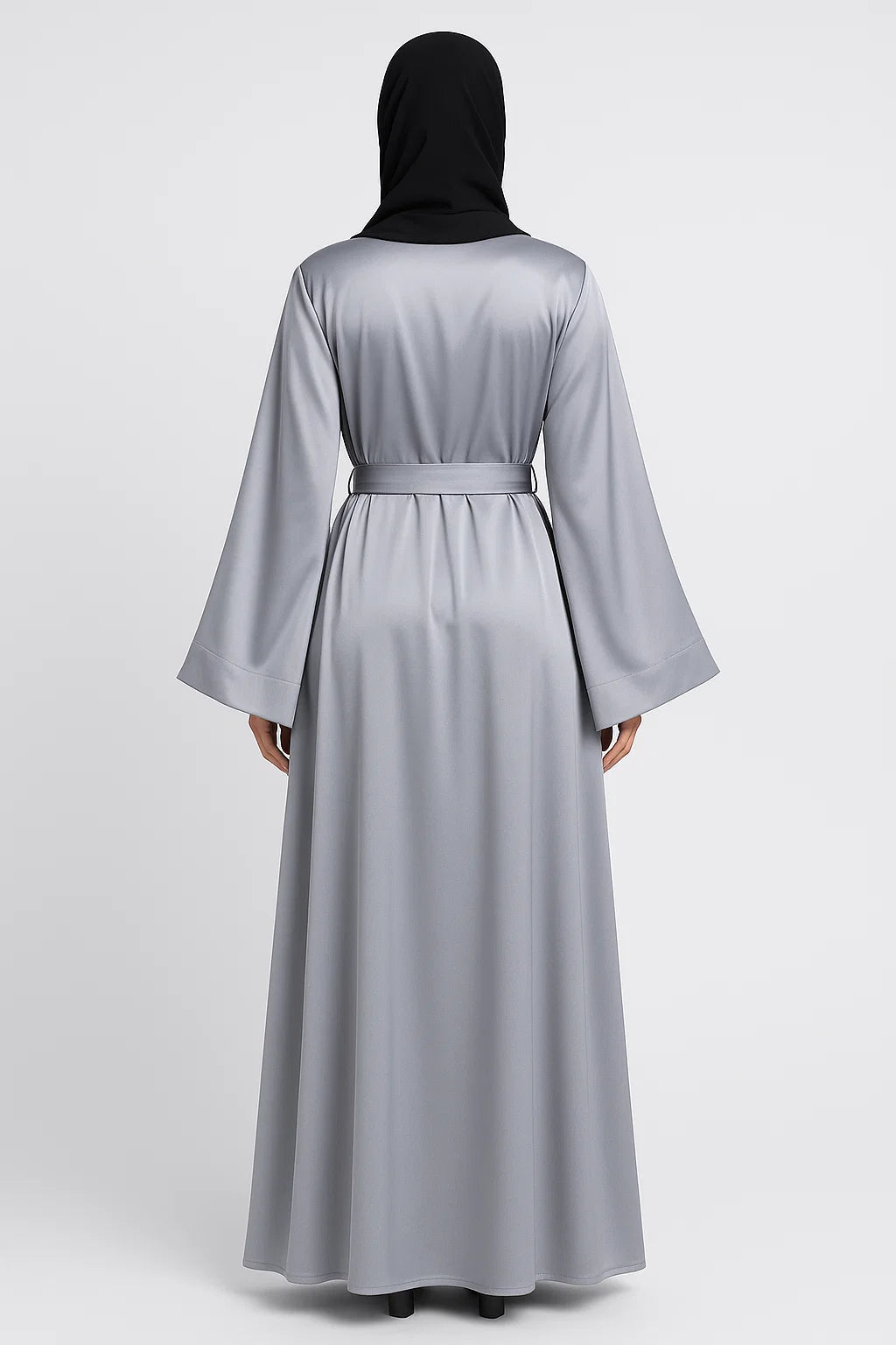 Satin Belted Abaya – Silver Grey