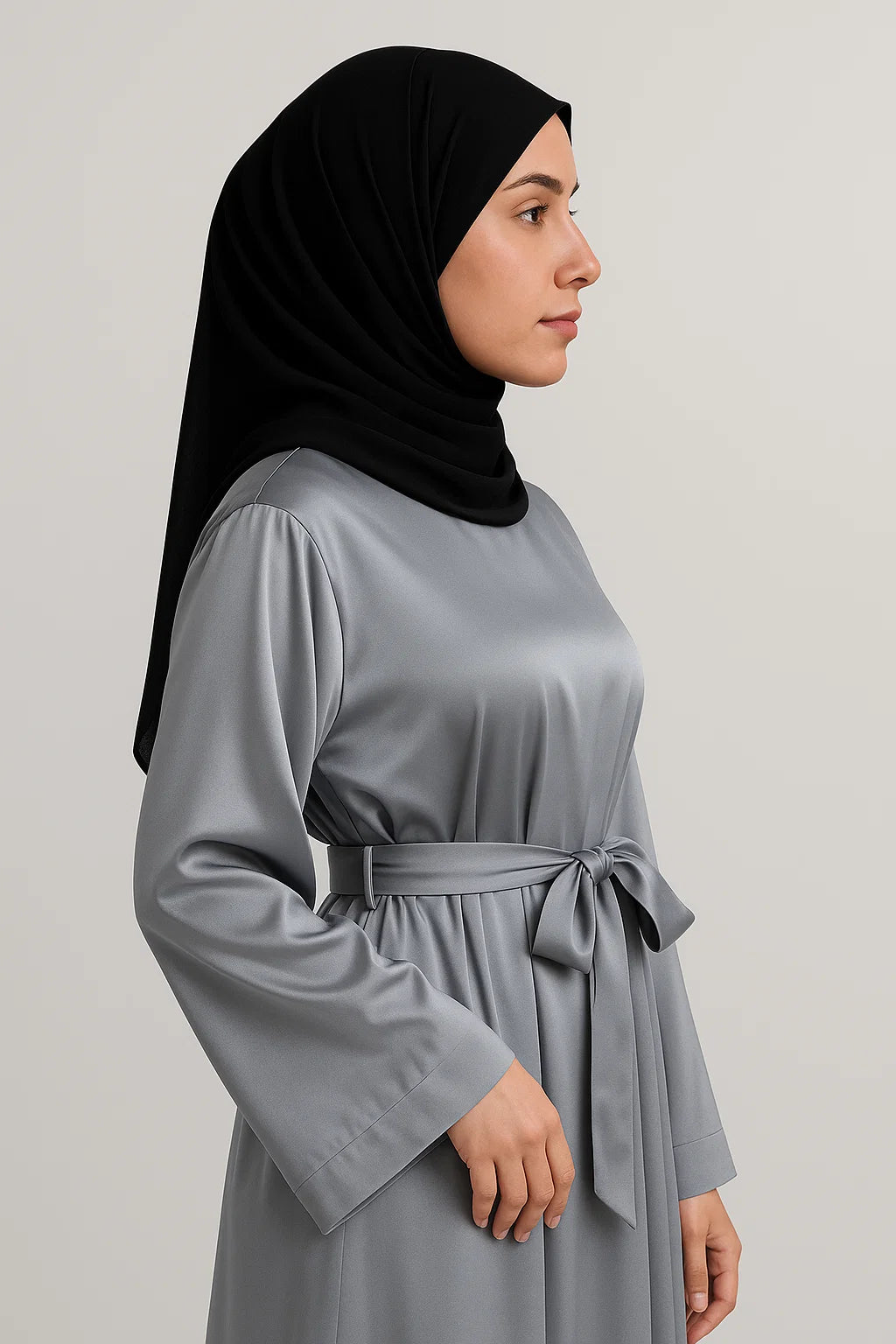 Satin Belted Abaya – Silver Grey