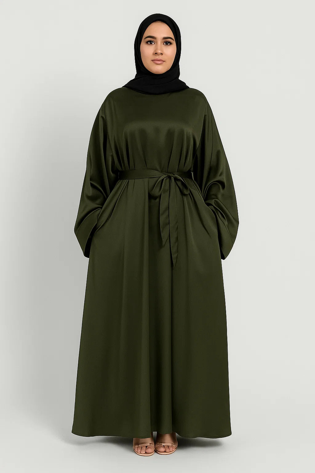 Satin Belted Abaya – Olive Green
