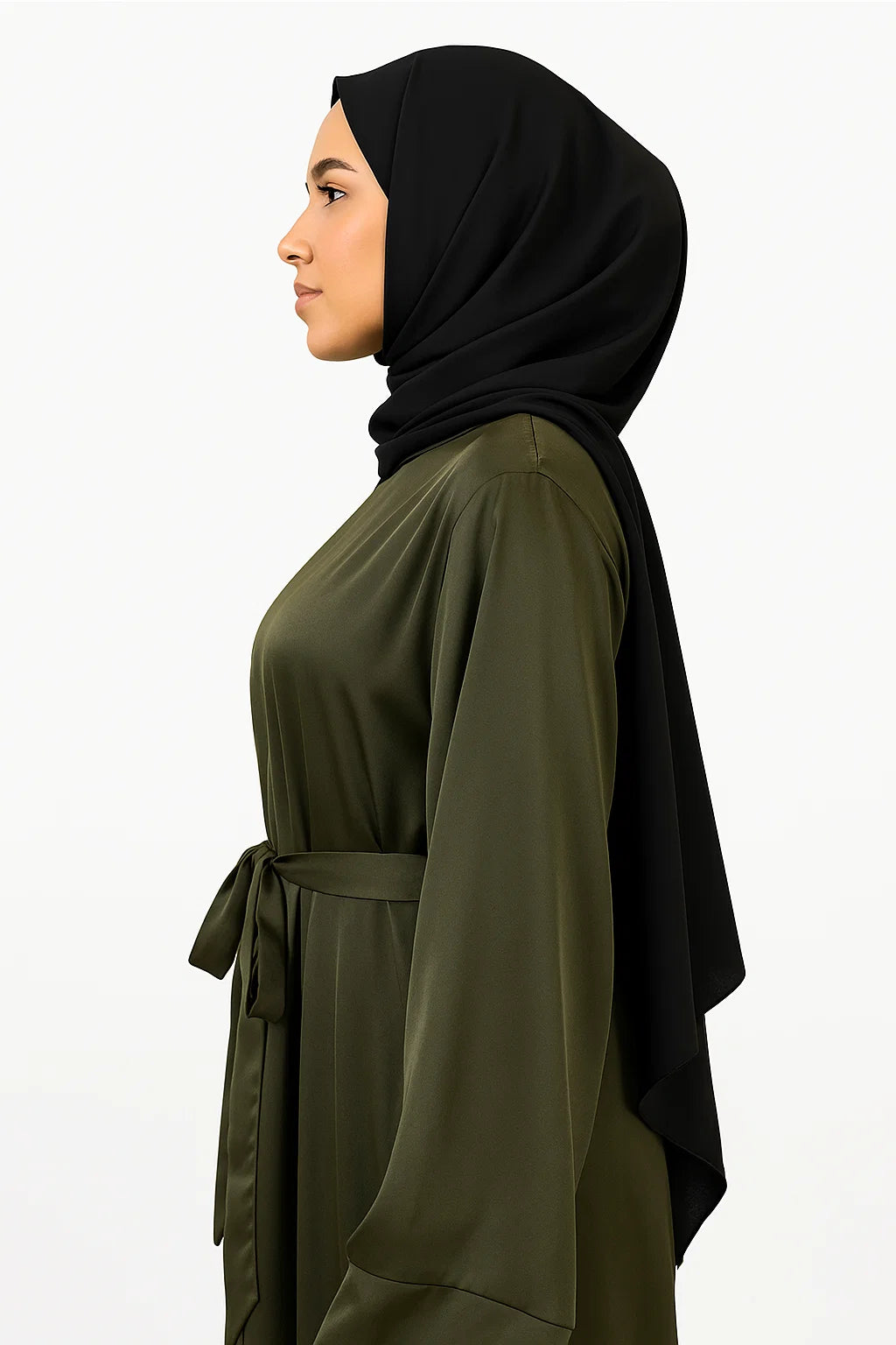 Satin Belted Abaya – Olive Green