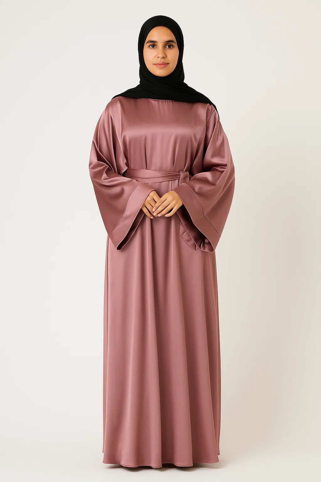 Satin Belted Abaya – Dusty Rose