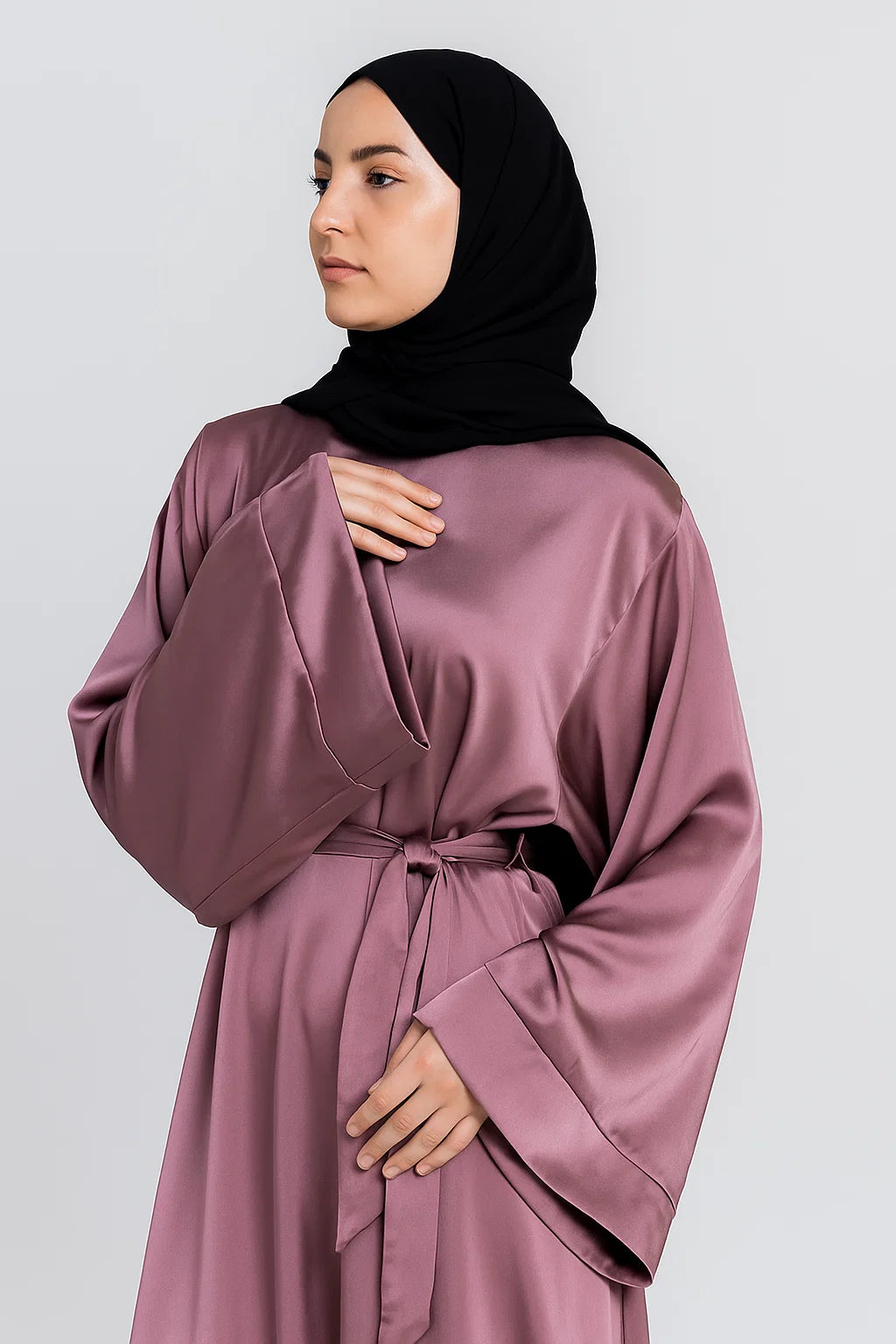 Satin Belted Abaya – Dusty Rose