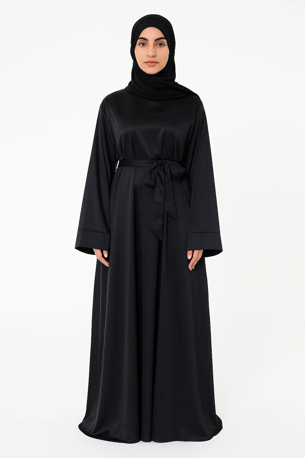 Satin Belted Abaya – Black