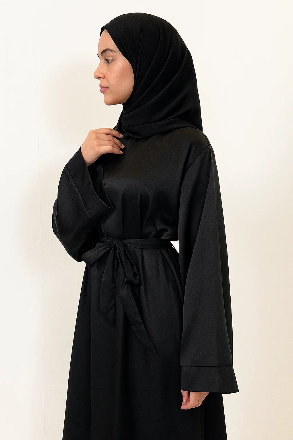 Satin Belted Abaya – Black