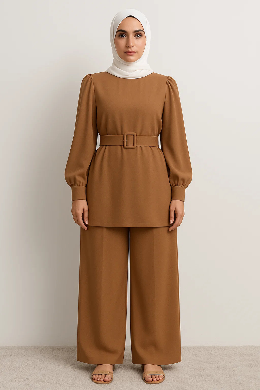 Two-Piece Belted Set – Camel Brown