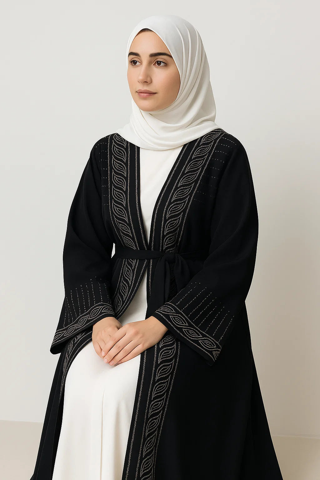 Embroidered Open Abaya – Black