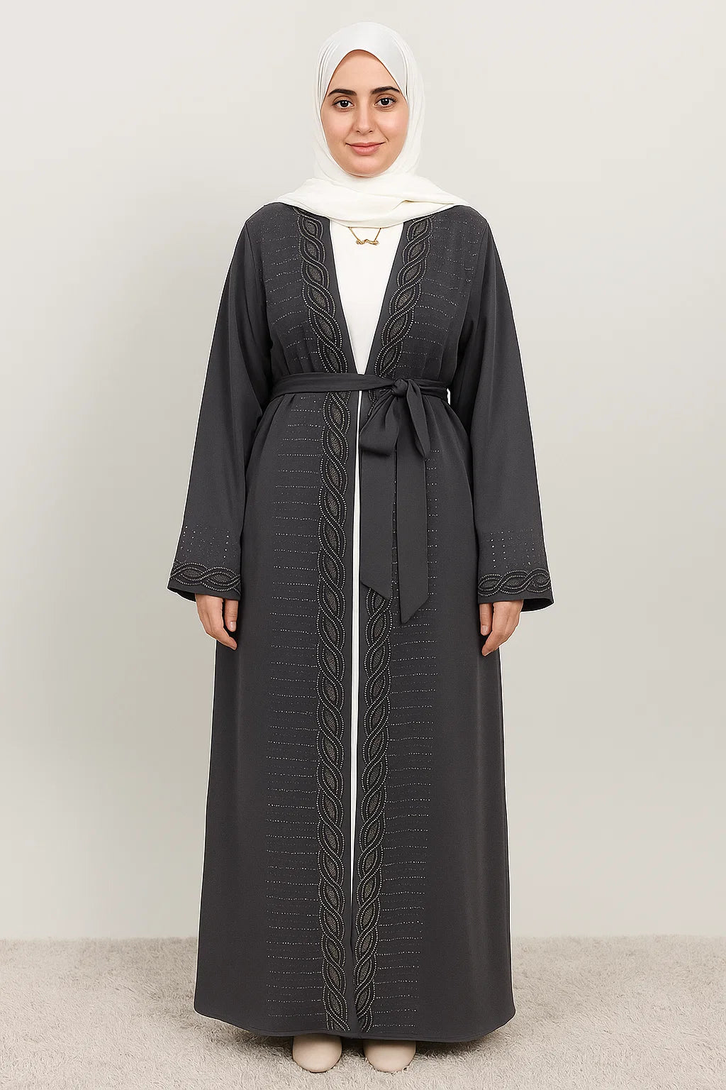 Embroidered Open Abaya – Charcoal Grey
