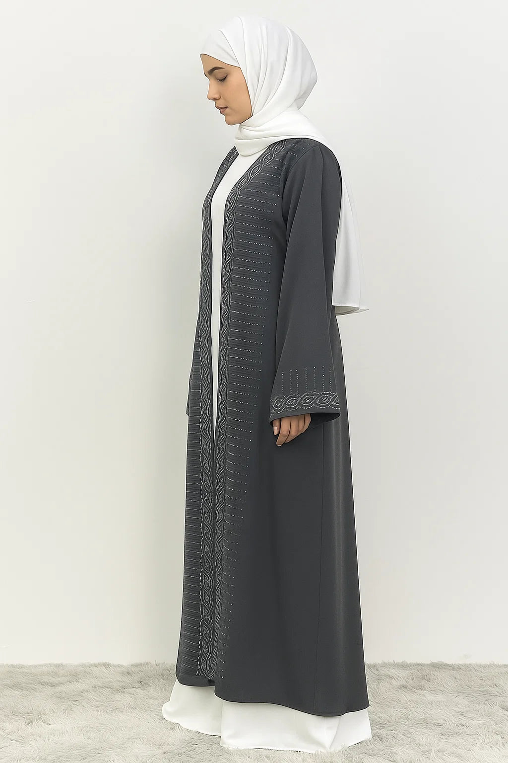 Embroidered Open Abaya – Charcoal Grey