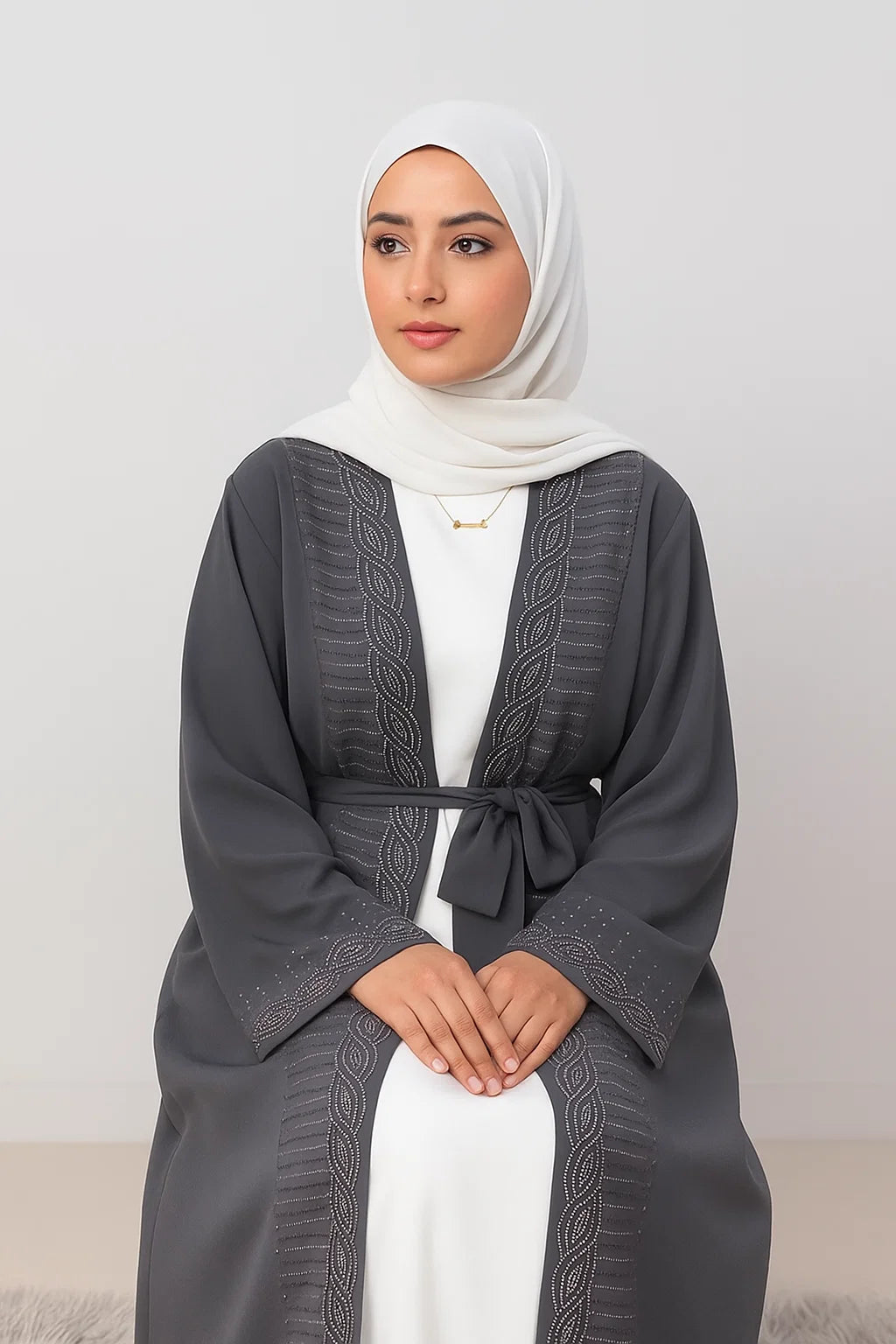 Embroidered Open Abaya – Charcoal Grey