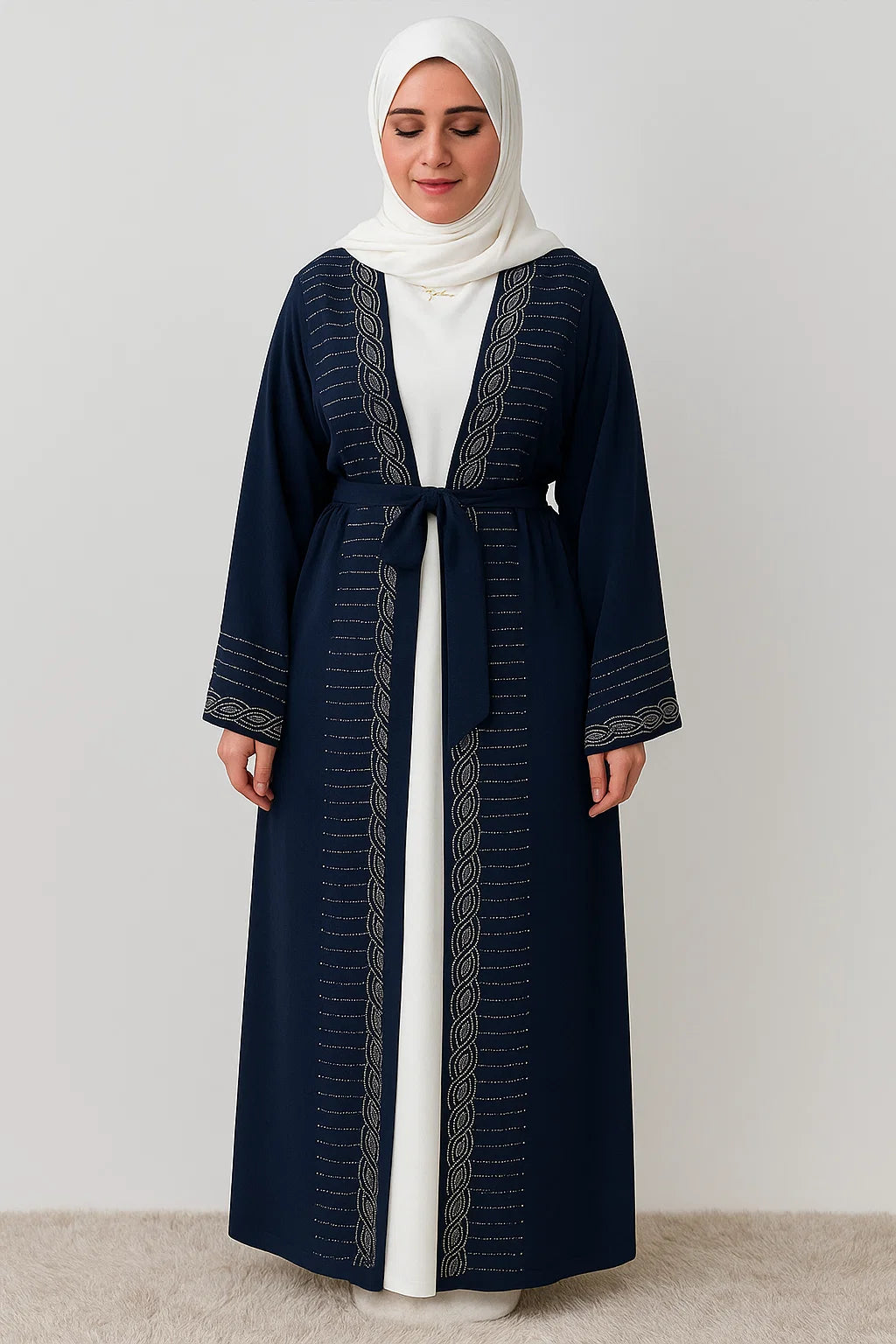 Embroidered Open Abaya – Navy Blue
