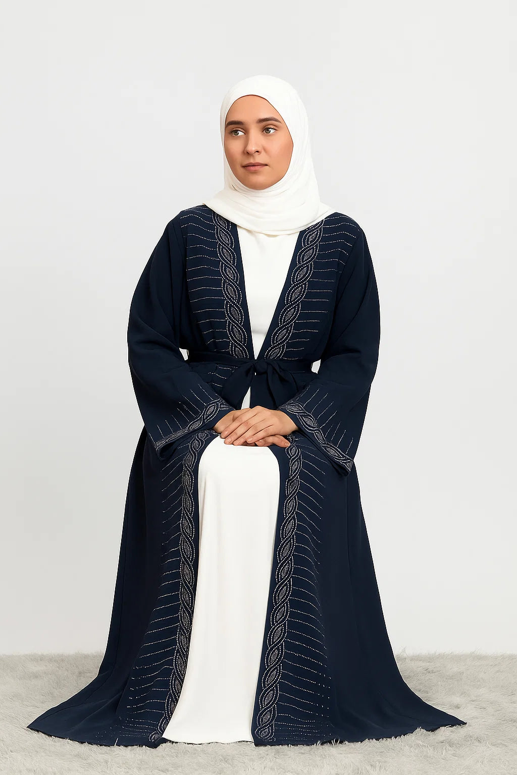Embroidered Open Abaya – Navy Blue