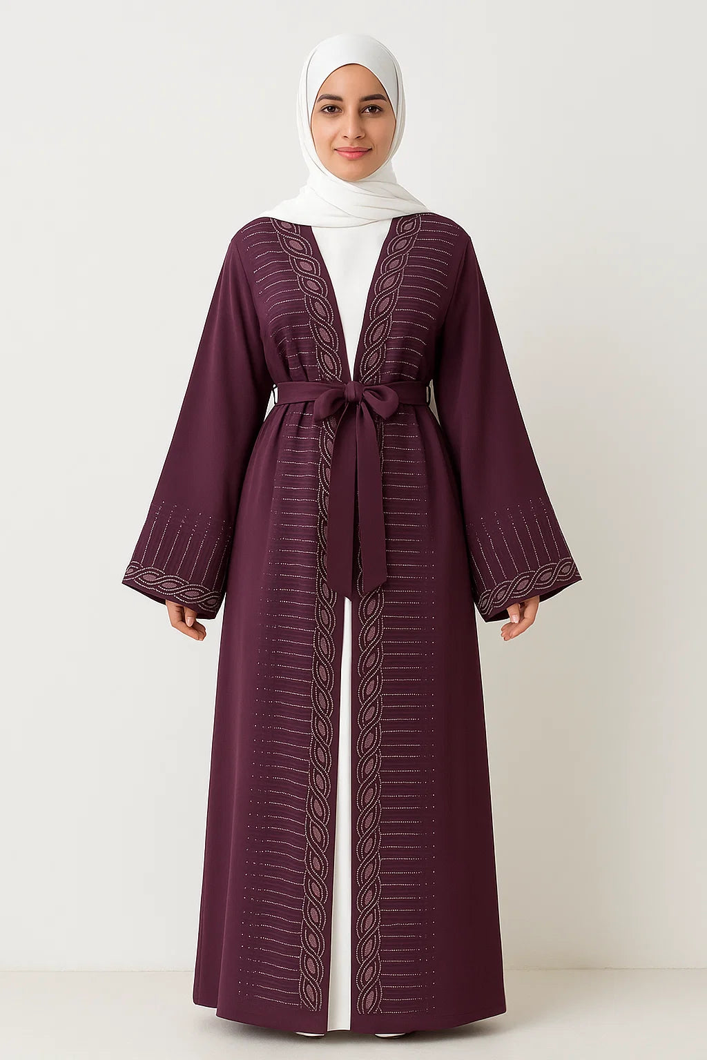 Embroidered Open Abaya – Deep Plum