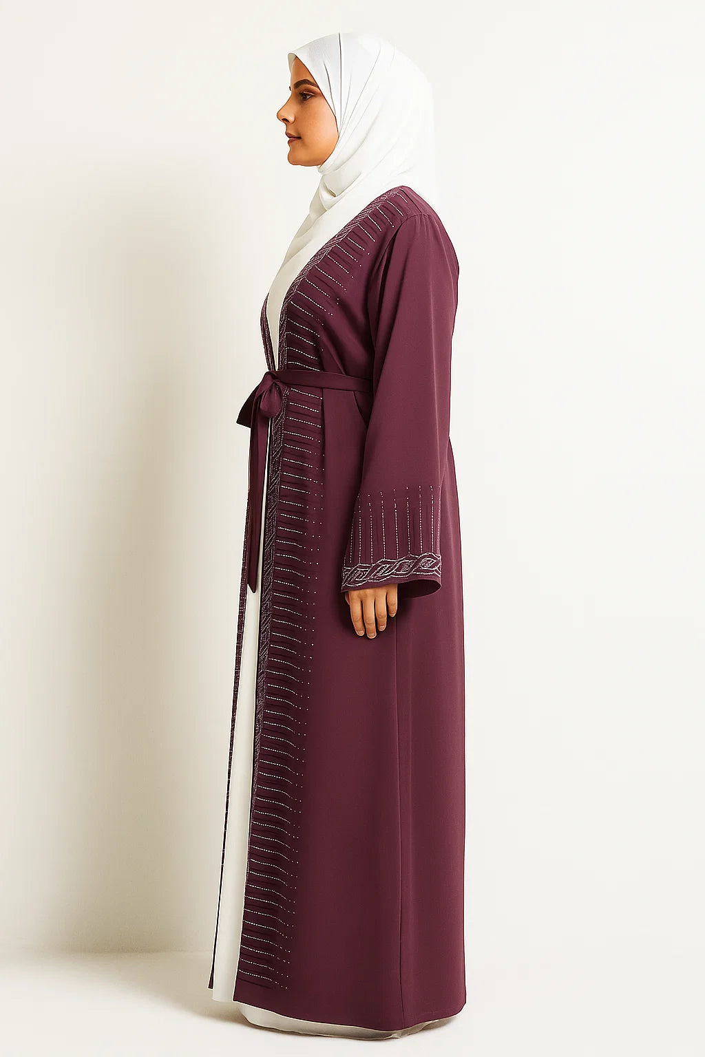 Embroidered Open Abaya – Deep Plum