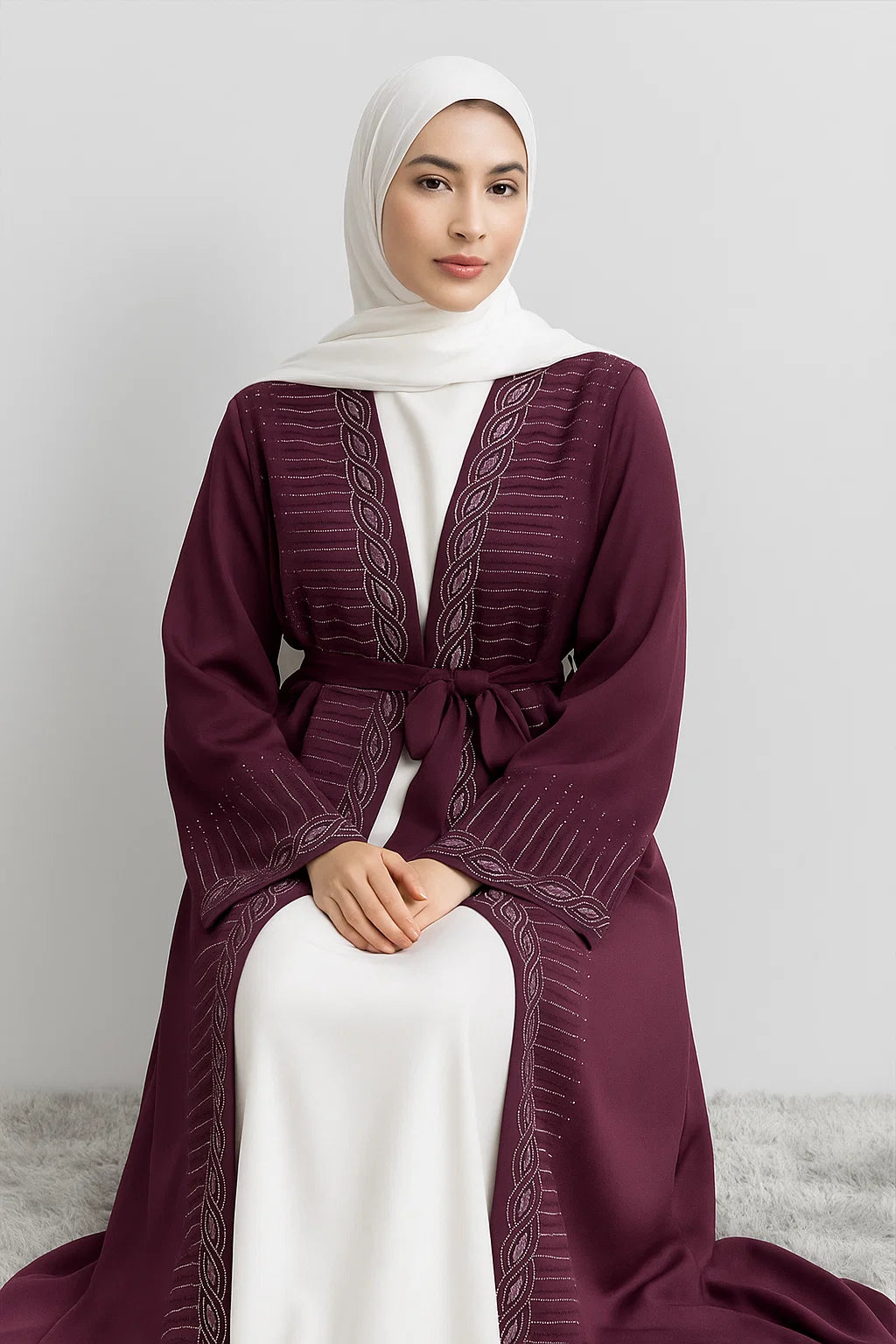 Embroidered Open Abaya – Deep Plum