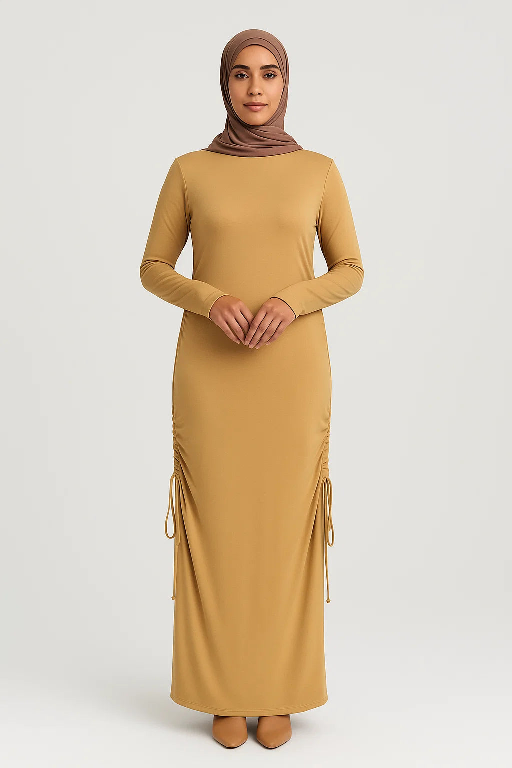 Side-Ruched Maxi Dress – Camel Beige