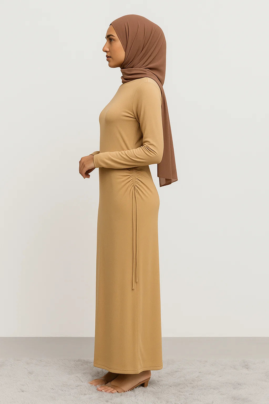 Side-Ruched Maxi Dress – Camel Beige