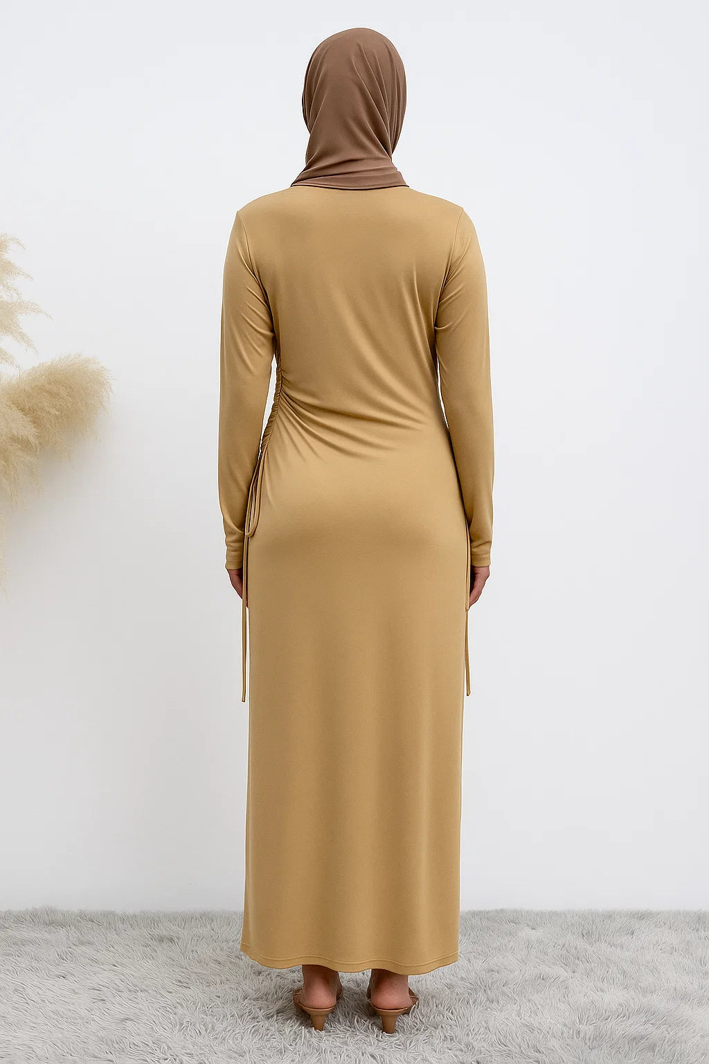 Side-Ruched Maxi Dress – Camel Beige