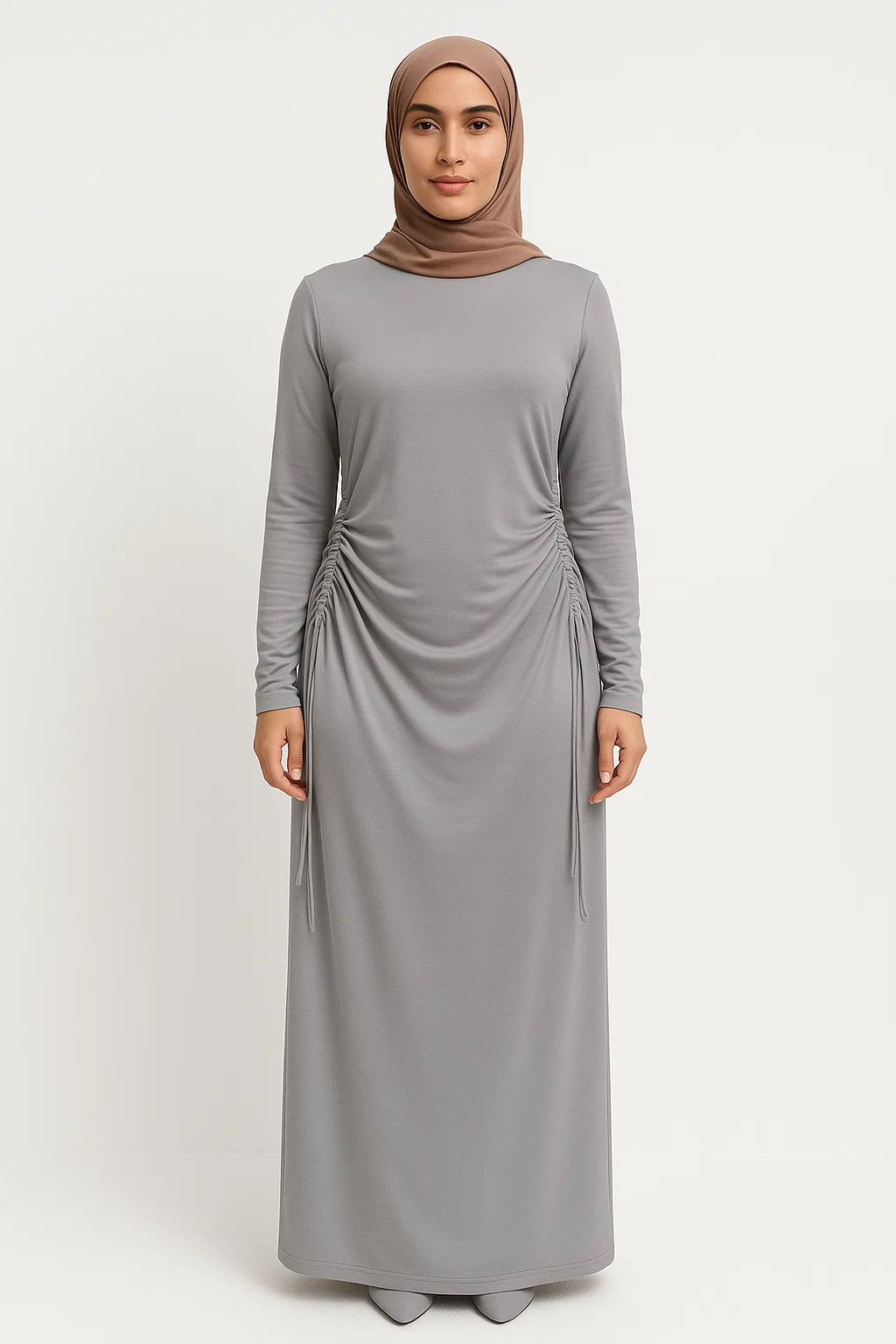 Side-Ruched Maxi Dress – Soft Grey