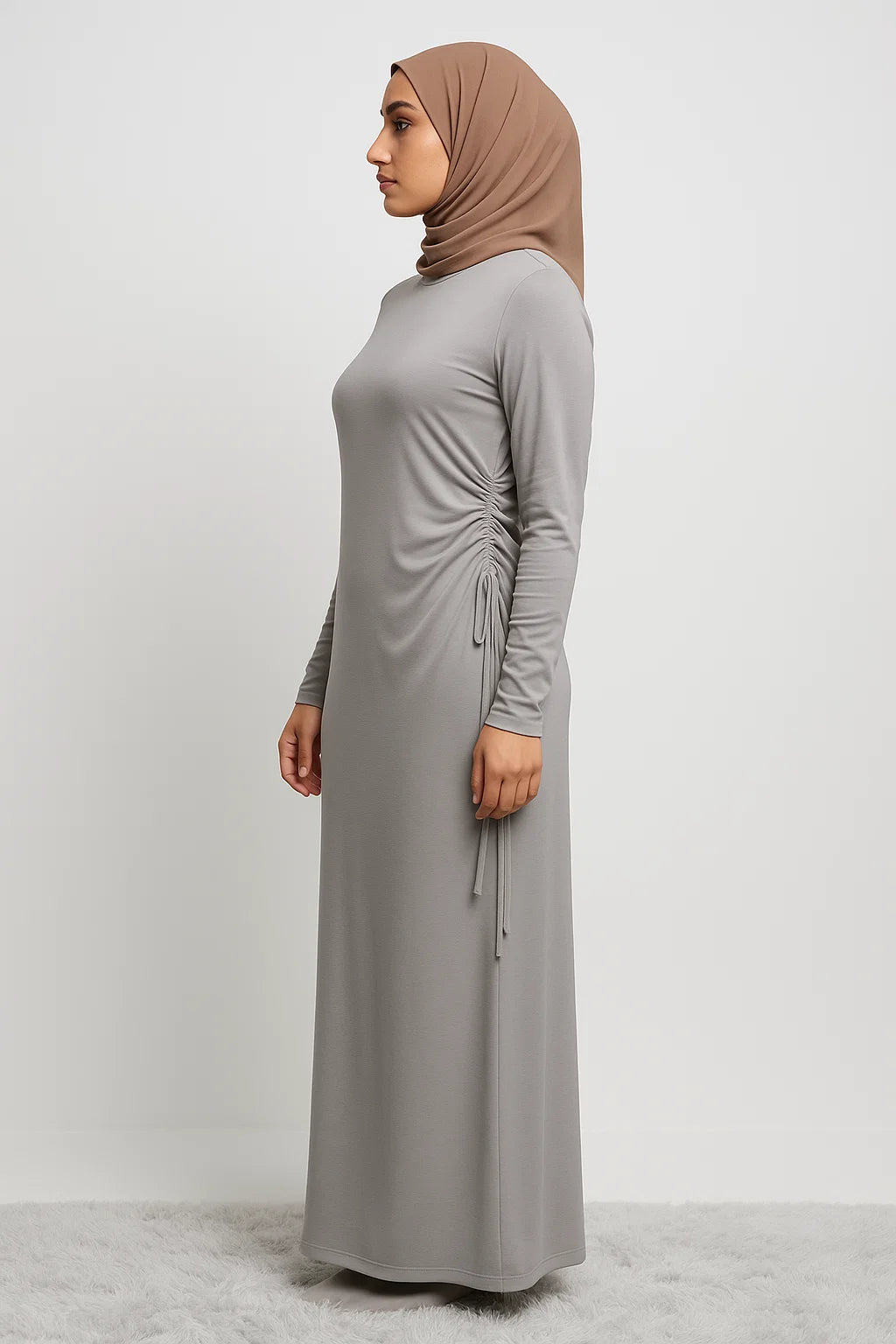 Side-Ruched Maxi Dress – Soft Grey