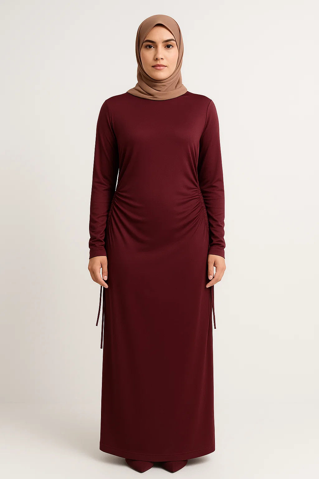 Side-Ruched Maxi Dress – Deep Maroon