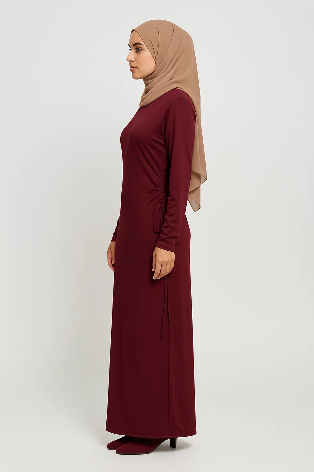 Side-Ruched Maxi Dress – Deep Maroon