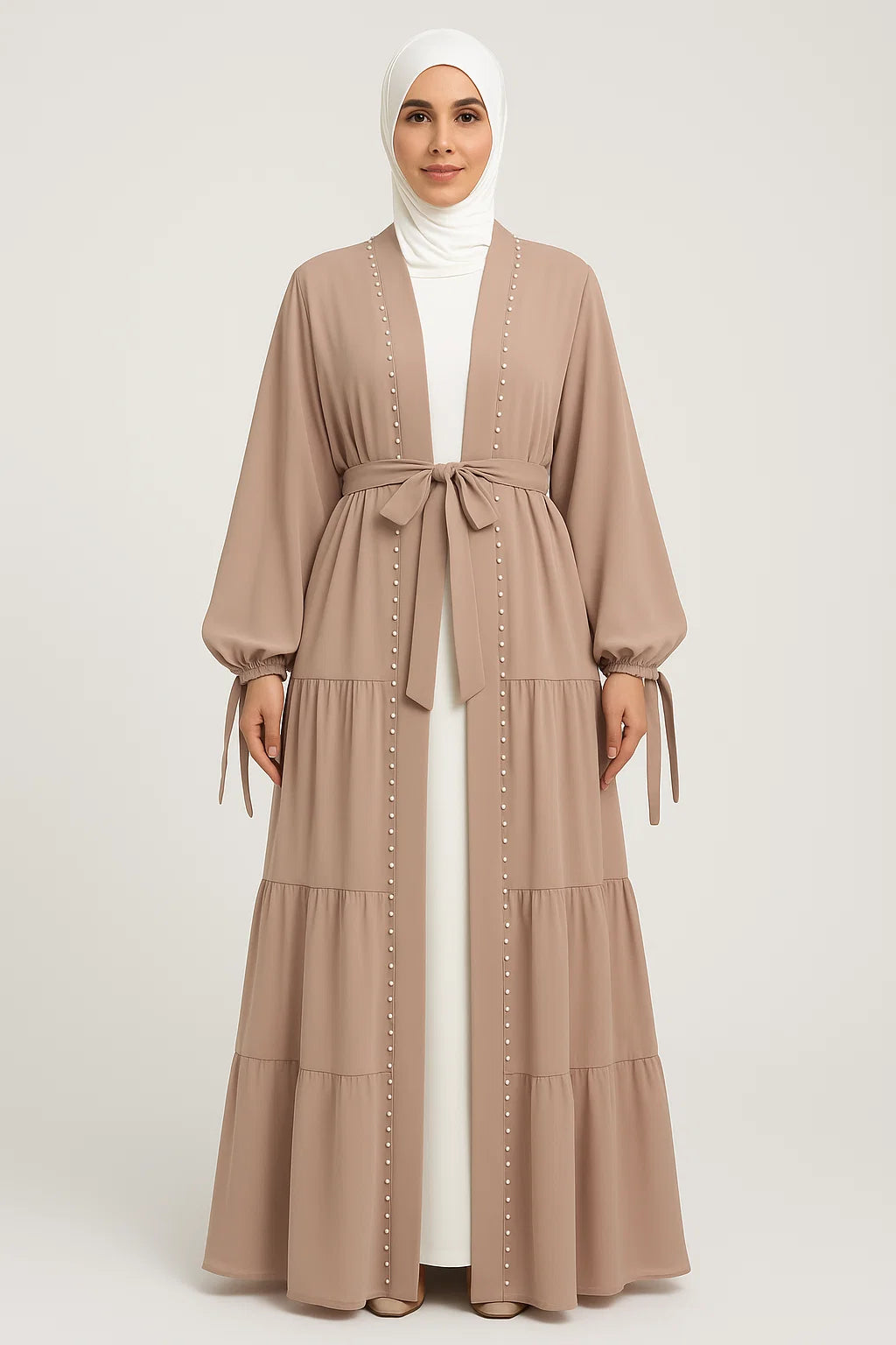 Pearl-Trimmed Tiered Abaya – Taupe