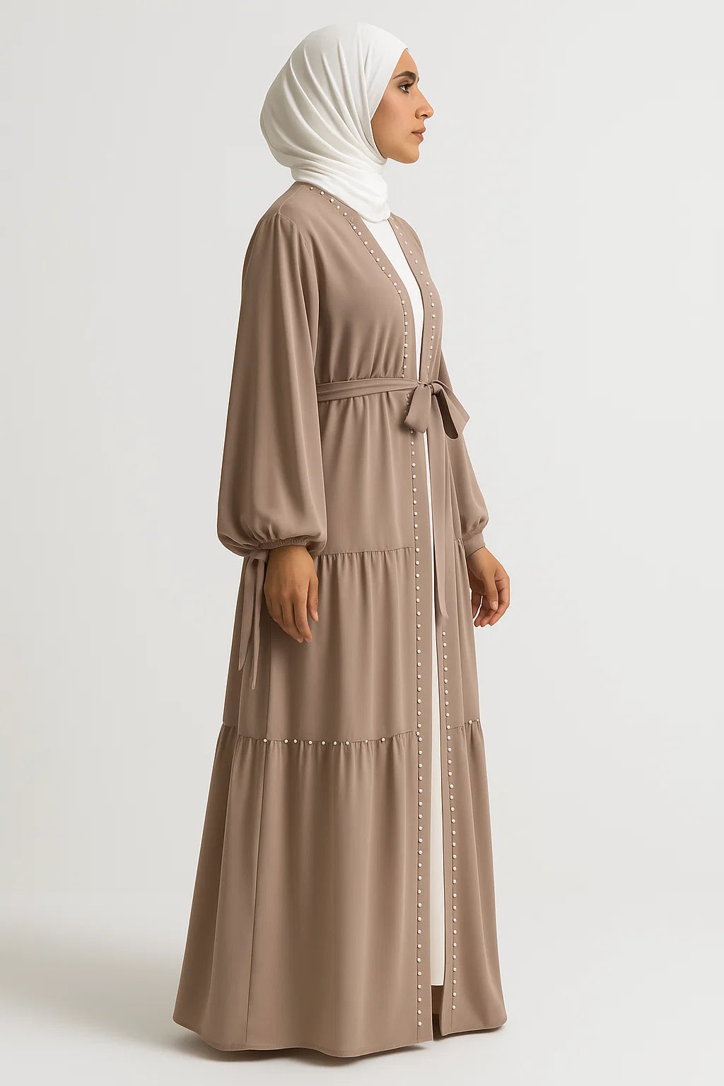 Pearl-Trimmed Tiered Abaya – Taupe
