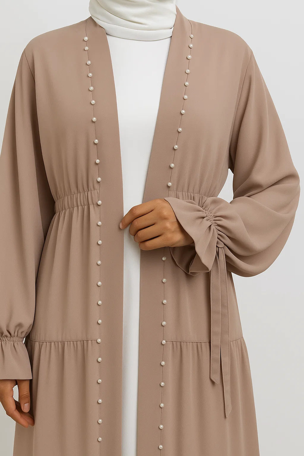 Pearl-Trimmed Tiered Abaya – Taupe