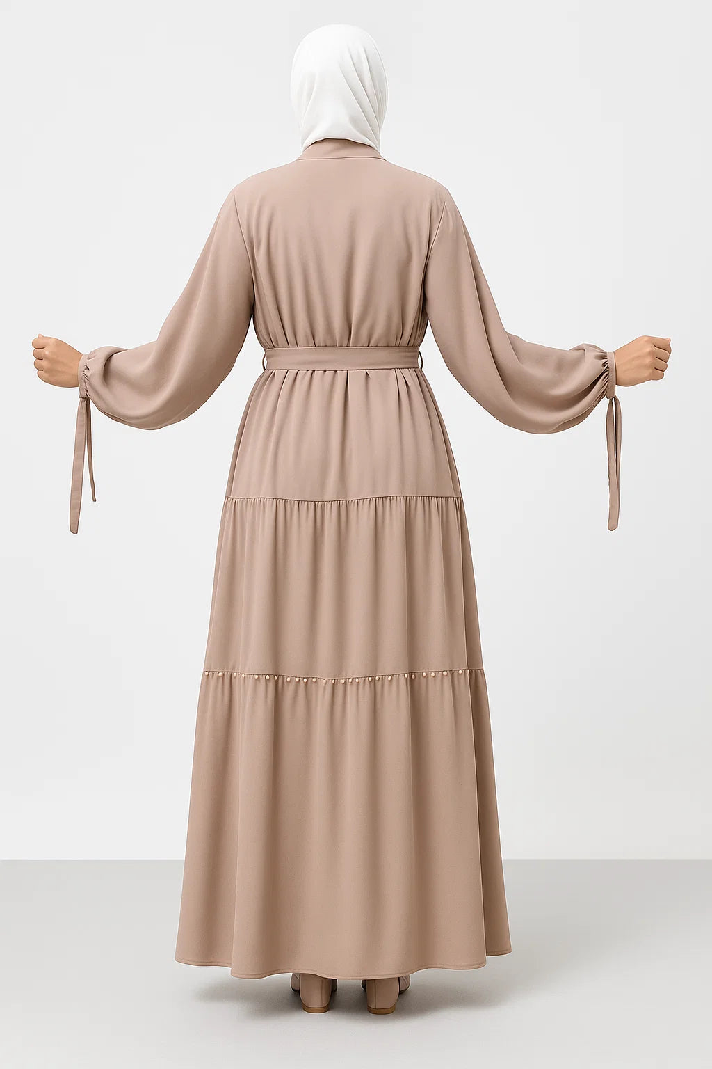 Pearl-Trimmed Tiered Abaya – Taupe