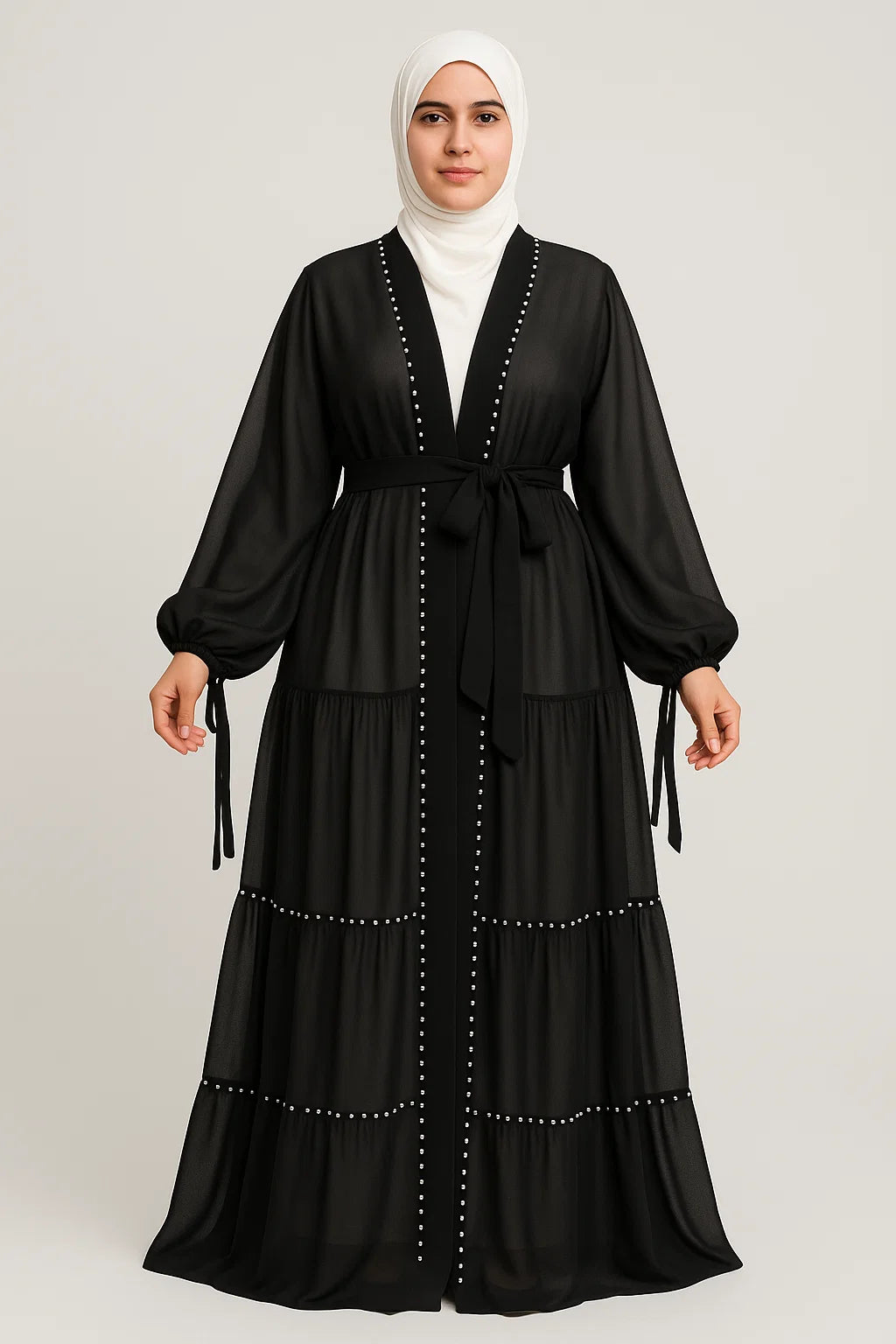 Pearl-Trimmed Tiered Abaya – Black