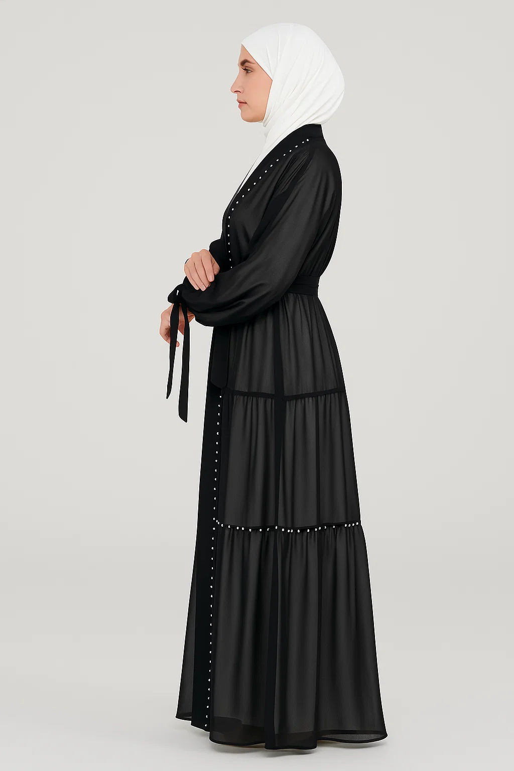Pearl-Trimmed Tiered Abaya – Black
