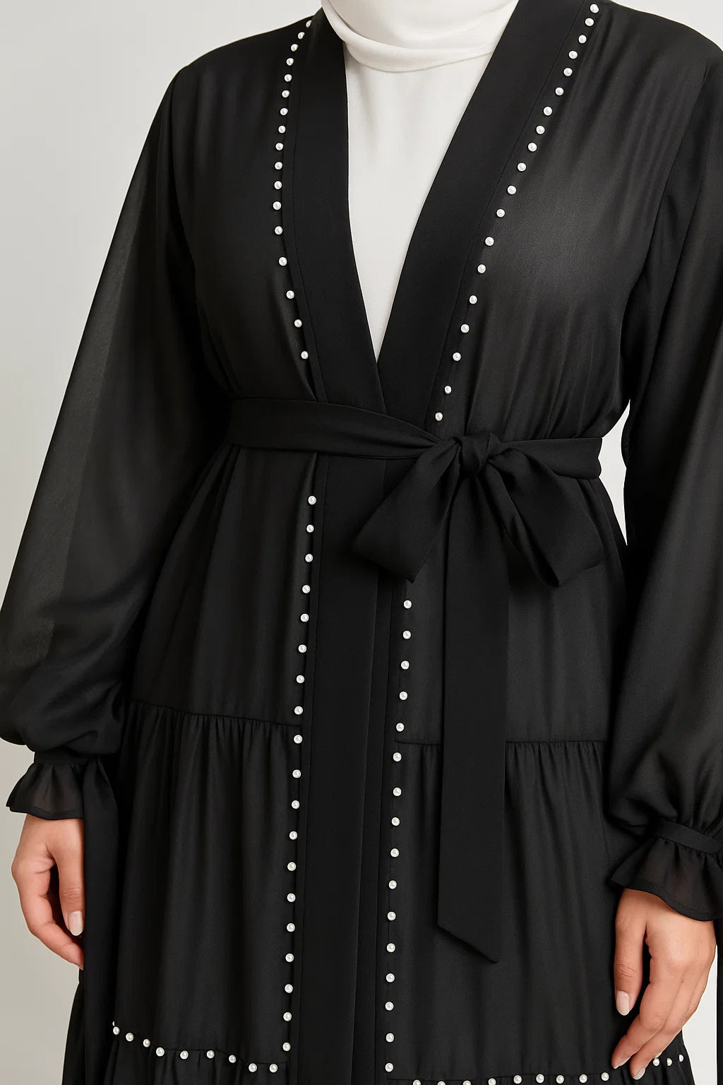 Pearl-Trimmed Tiered Abaya – Black